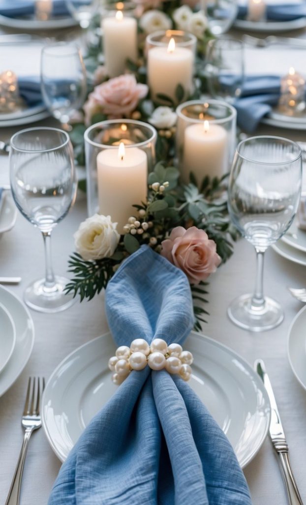 A table set with plates and glasses and candles.