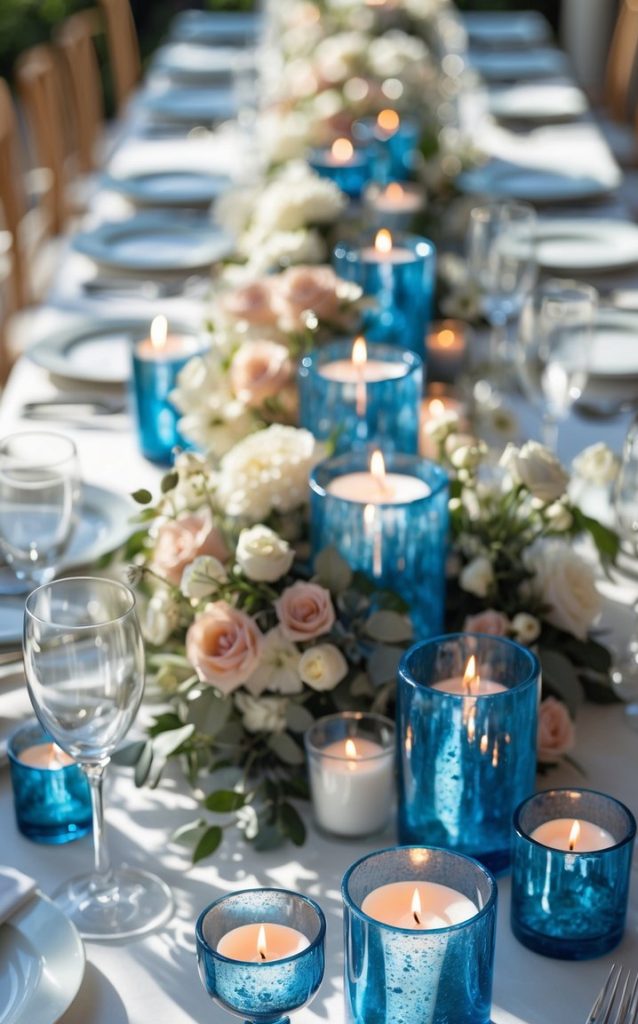 A long dining table decorated with blue glass candle holders, white and pink flowers, wine glasses, plates, and cutlery set for a formal event.
