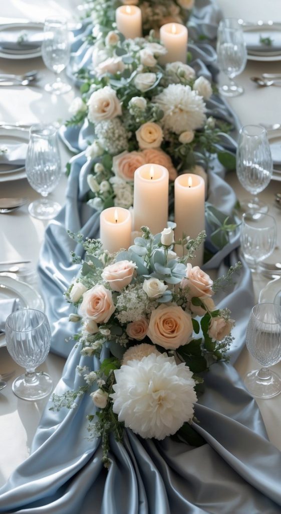 Formal dining table set with glassware, silverware, and napkins, featuring a centerpiece of white and blush flowers, greenery, and lit pillar candles on a light blue fabric runner.