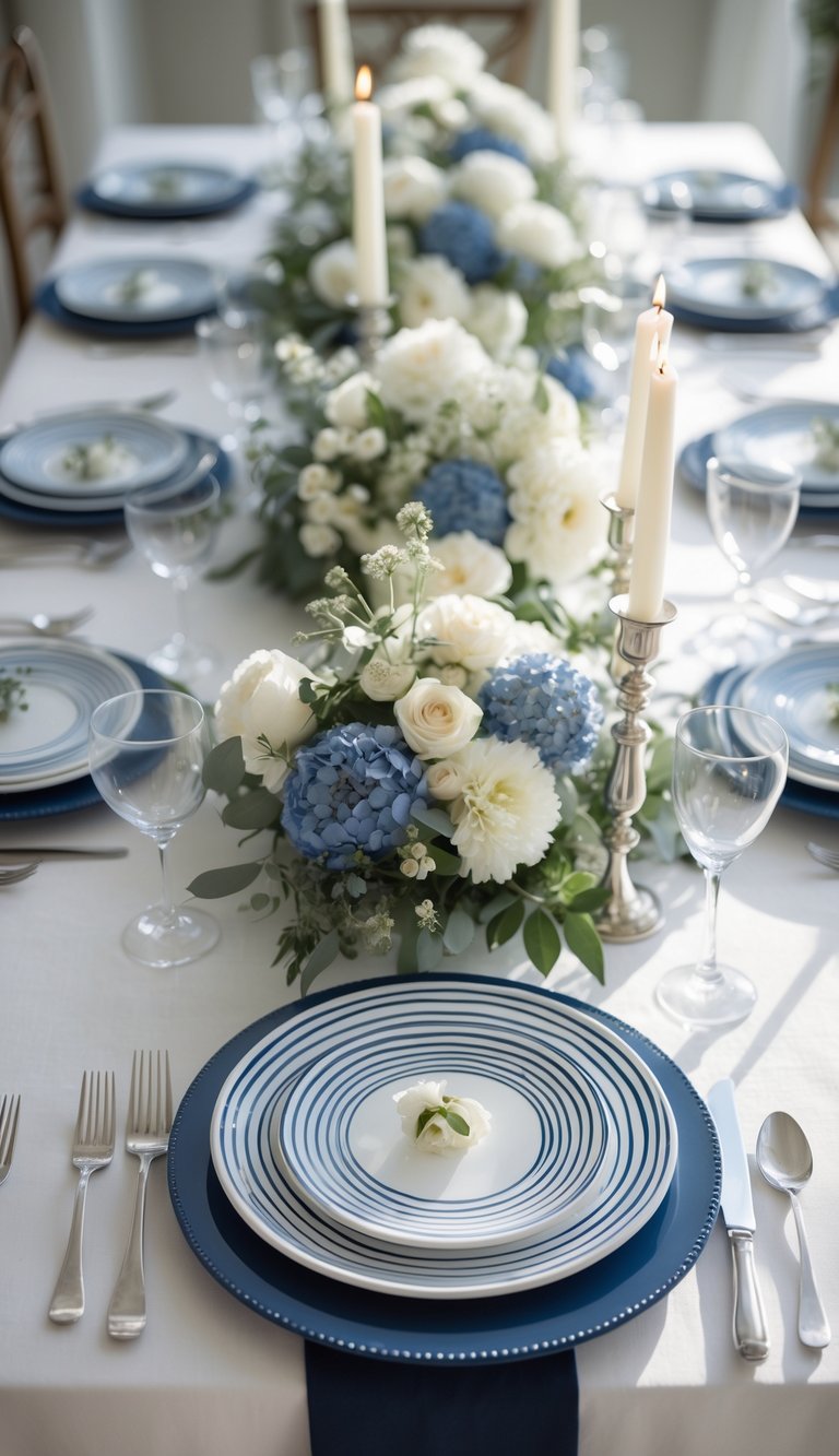 A wedding dining table set with blue and white striped ceramic plates, clear glasses, silver cutlery, floral centerpieces, and candles.