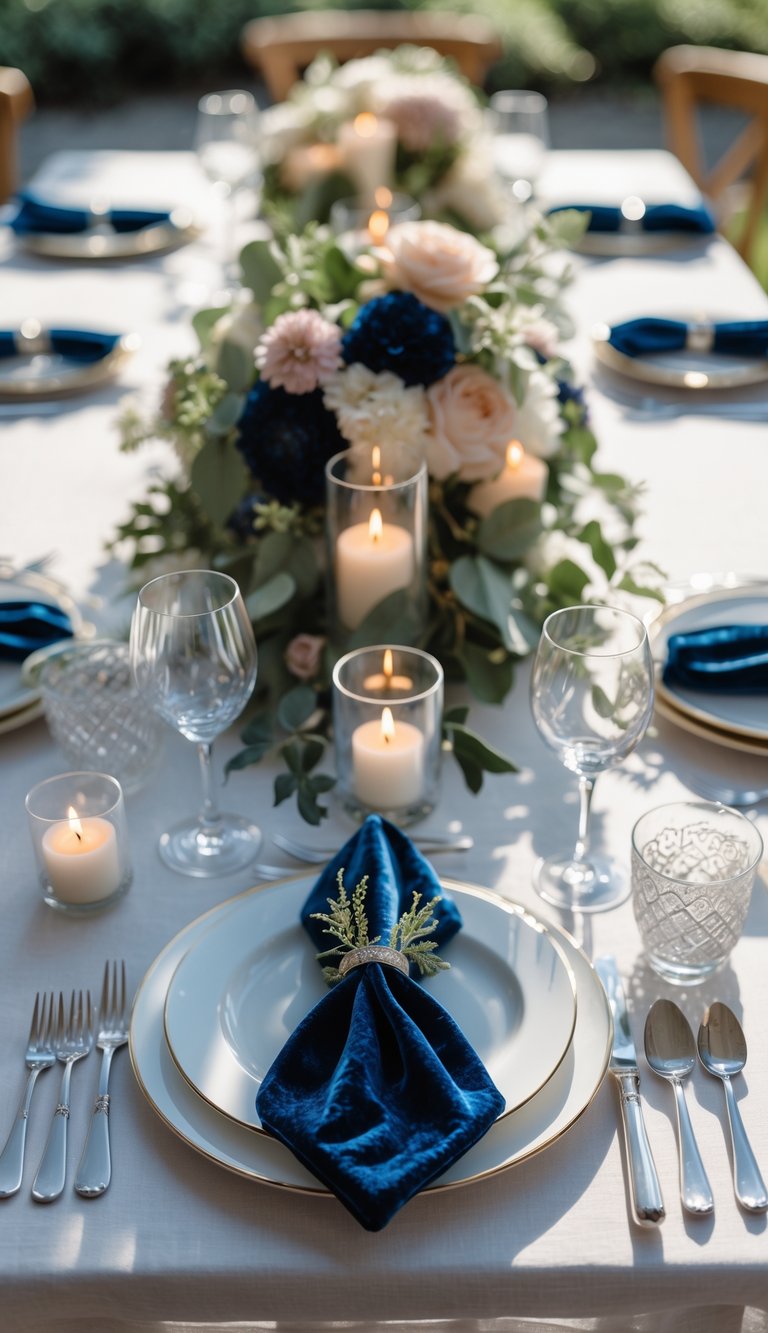 A wedding dining table set with white plates, blue velvet napkin rings, silver cutlery, floral centerpieces, and lit candles in glass holders.