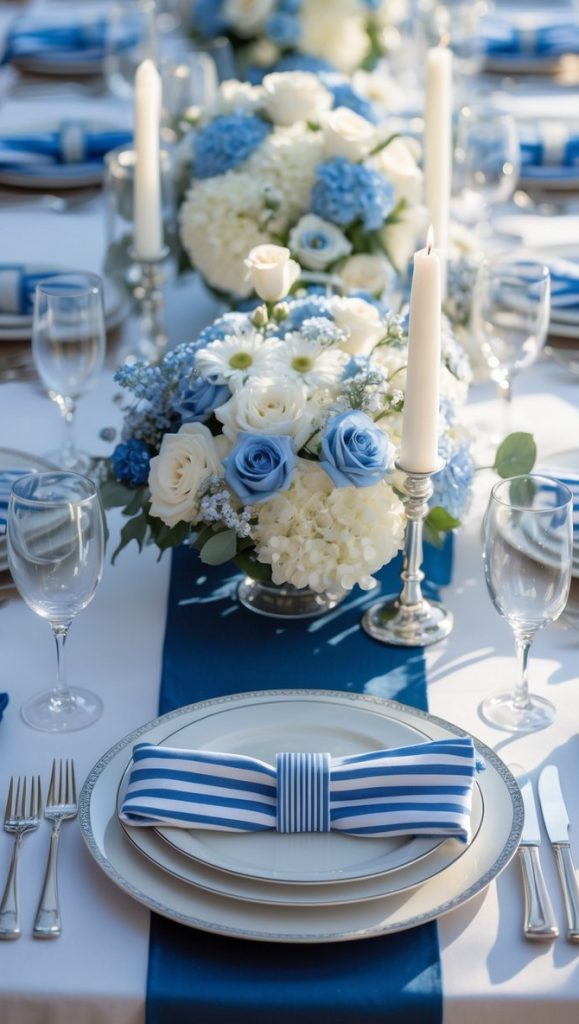 Elegant table setting with blue and white floral centerpieces, striped napkins, candles, plates, glasses, and silverware arranged neatly on a white tablecloth with a blue runner.