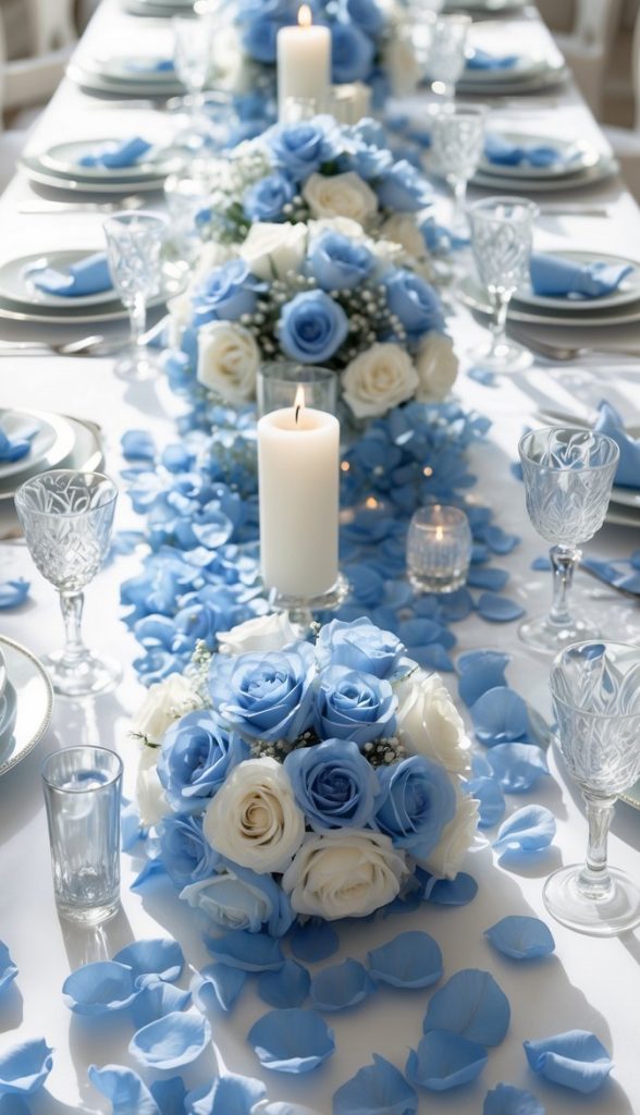 A long table set with white plates, crystal glasses, and silverware, decorated with blue and white rose centerpieces, candles, and scattered blue rose petals.