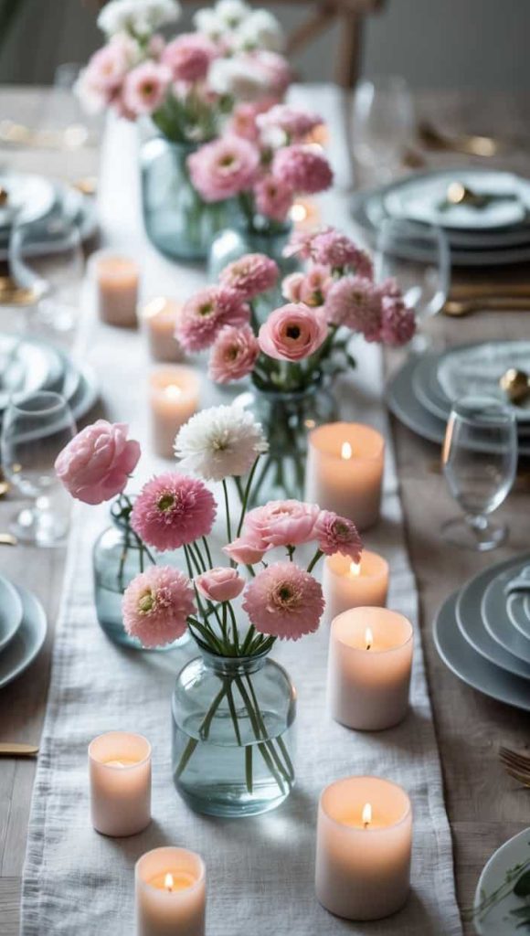 A dining table set with gray plates, gold cutlery, glassware, pink and white flowers in vases, and lit candles arranged along a white table runner.