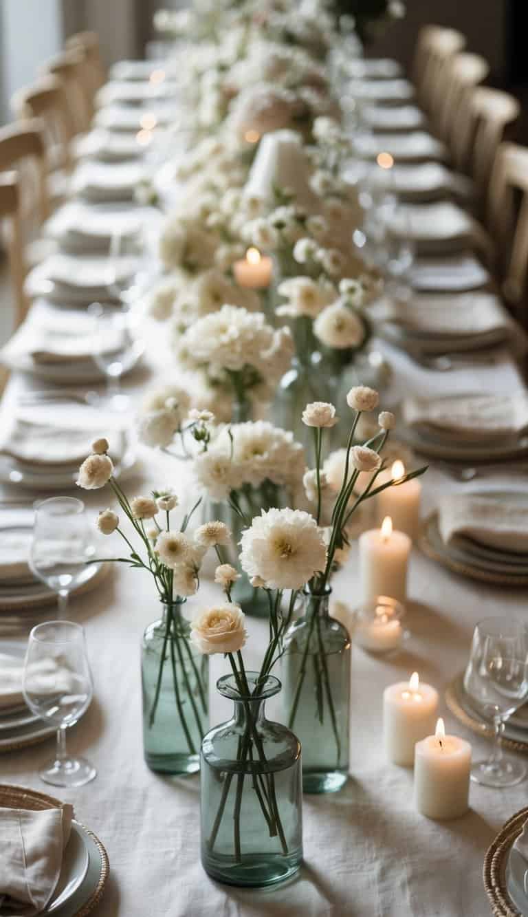 A dining table set with clustered bud vases of different heights, candles, dinnerware, and simple linens, illuminated by natural light.
