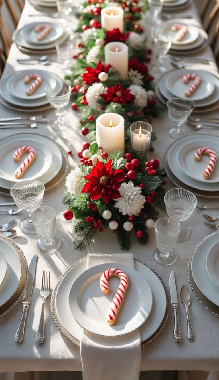 A dining table set for a holiday meal with plates, glasses, cutlery, candy cane cookie place markers, floral centerpieces, and lit candles.