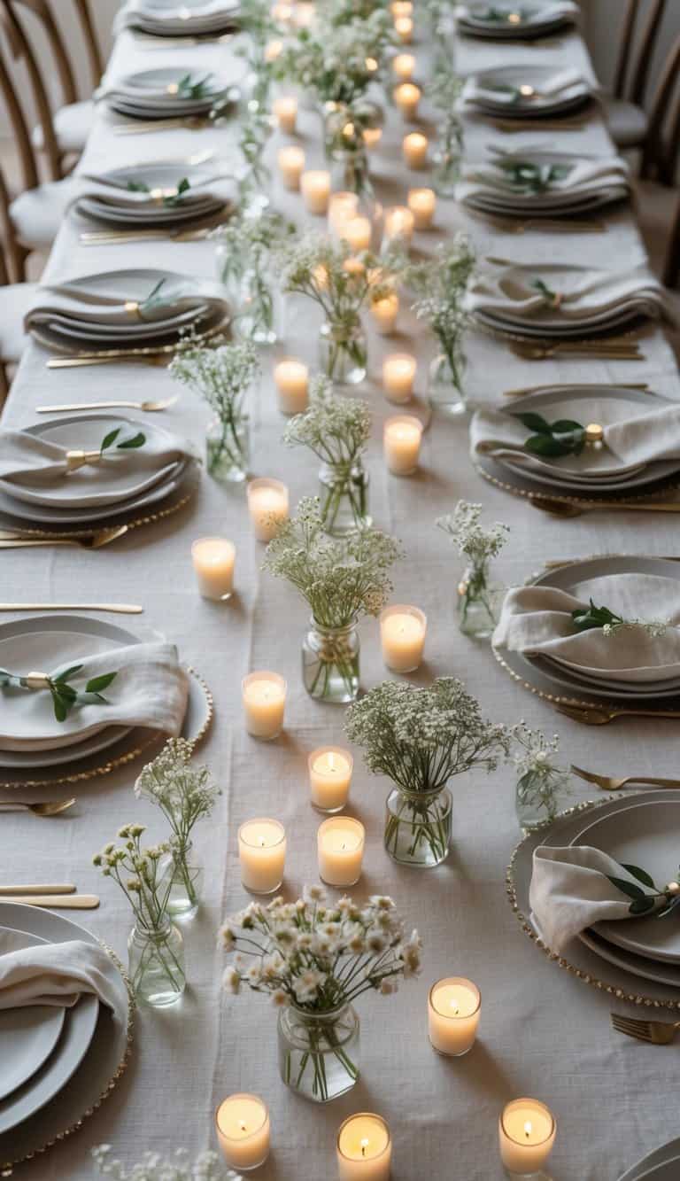 A dining table set with dinnerware, simple linens, small bud vases with flowers, and lit candles scattered across the surface.