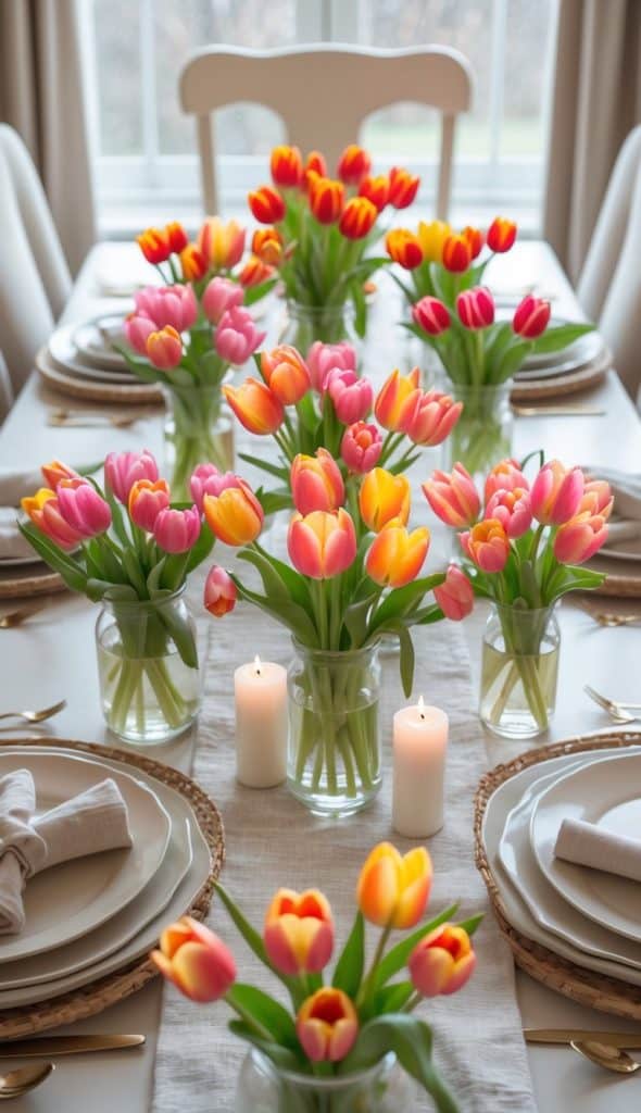 A dining table set with white plates, napkins, and gold cutlery, decorated with vases of pink, orange, and yellow tulips and white pillar candles.