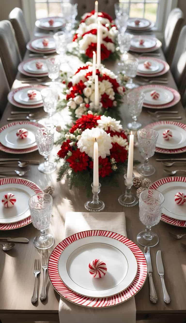 A dining table set with white plates featuring red candy cane borders, clear glasses, cutlery, and festive red and white floral centerpieces with candles.