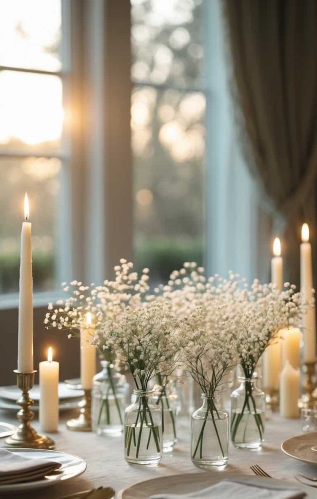 Elegant dining table set with white plates, silver cutlery, linen napkins, tall candles, and small glass vases filled with baby's breath flowers near large windows at sunset.