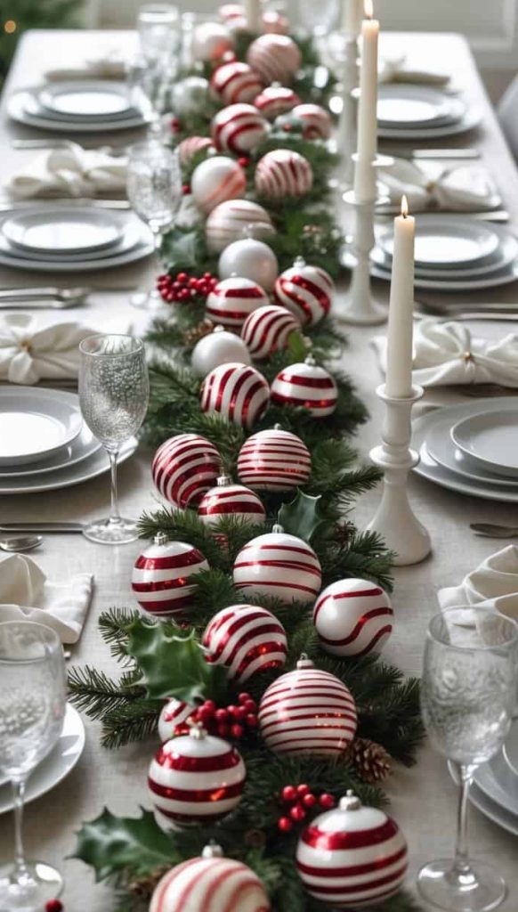 A festive dining table is set with white plates, glassware, white candles, and a centerpiece of red and white ornaments, pine branches, and berries.