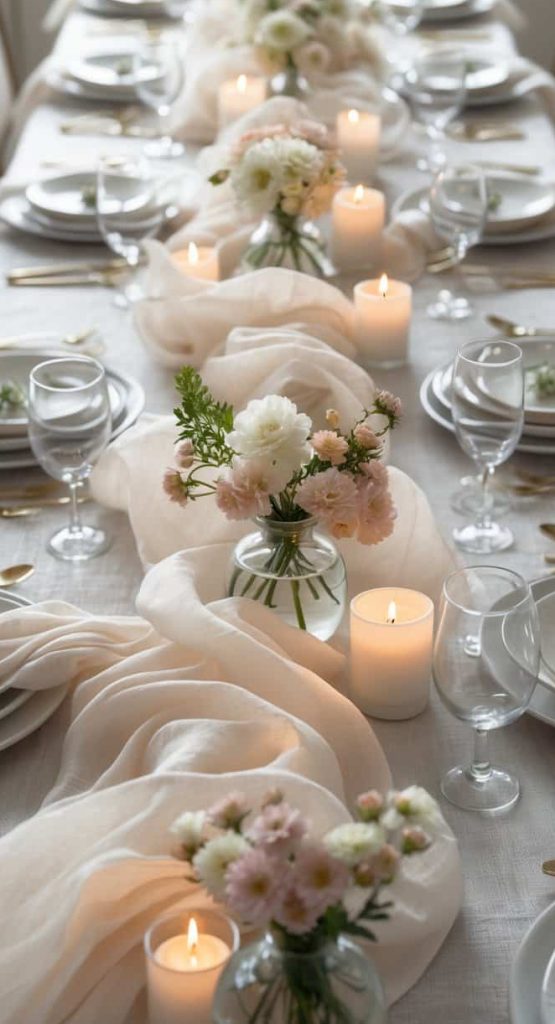 A long dining table set with white plates, glassware, gold cutlery, white candles, and vases of white and pale pink flowers on a light tablecloth.