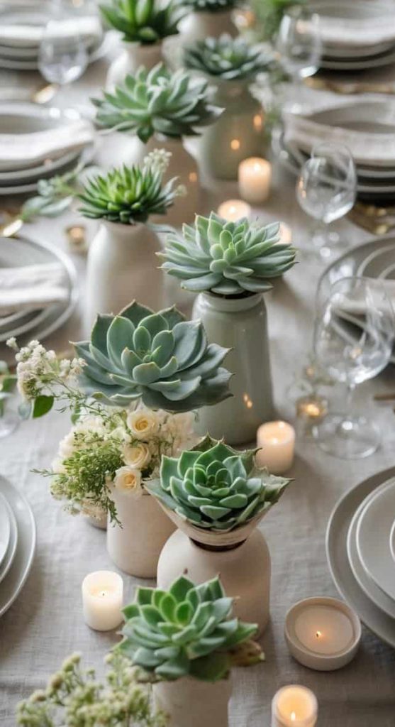 A long dining table set with white plates, glasses, and cutlery, decorated with succulents in vases, white flowers, and lit candles.
