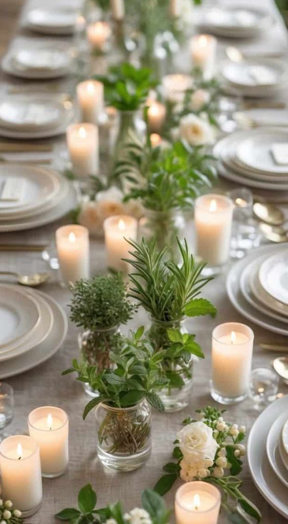 Elegant dinner table set with white plates, lit candles, and small green plants as centerpieces, creating a formal and inviting atmosphere.