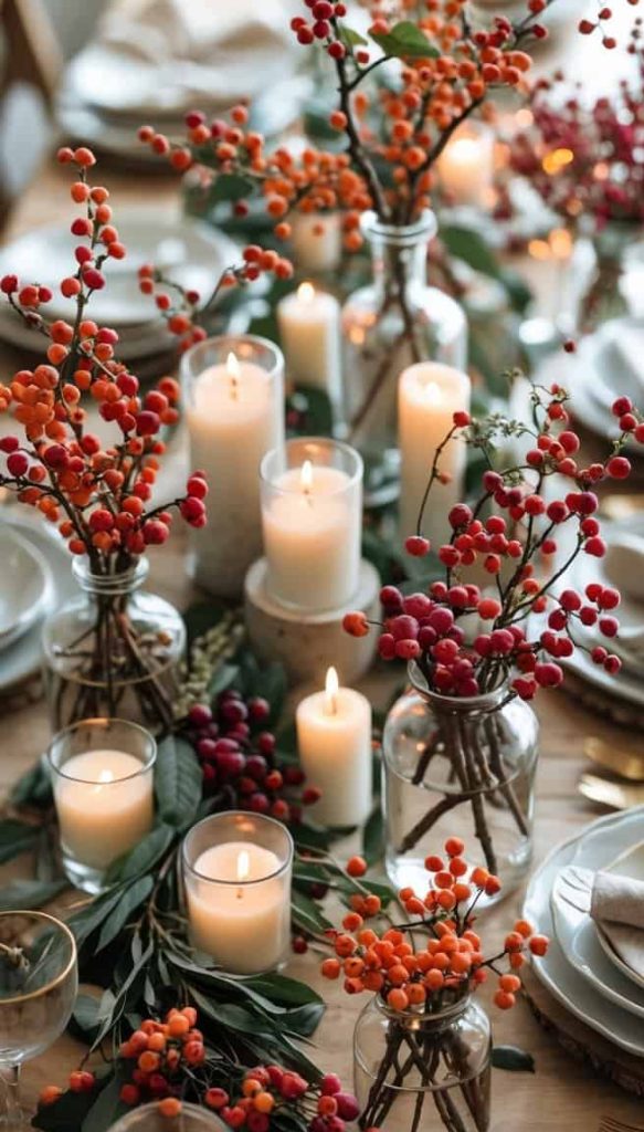 A dining table set with white plates, beige napkins, glass vases filled with red and orange berries, green leaves, and lit white candles.