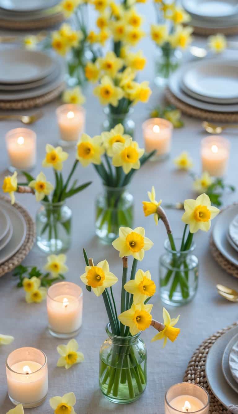 A dining table set with small vases of yellow daffodils, candles, dinnerware, and simple linens under natural light.