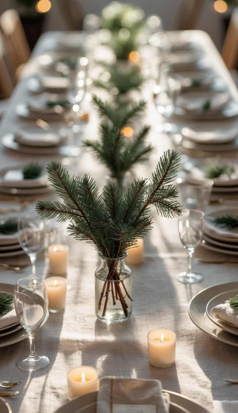 A dining table set with dinnerware, simple linens, pine branch arrangements in small bud vases, and candles under natural light.