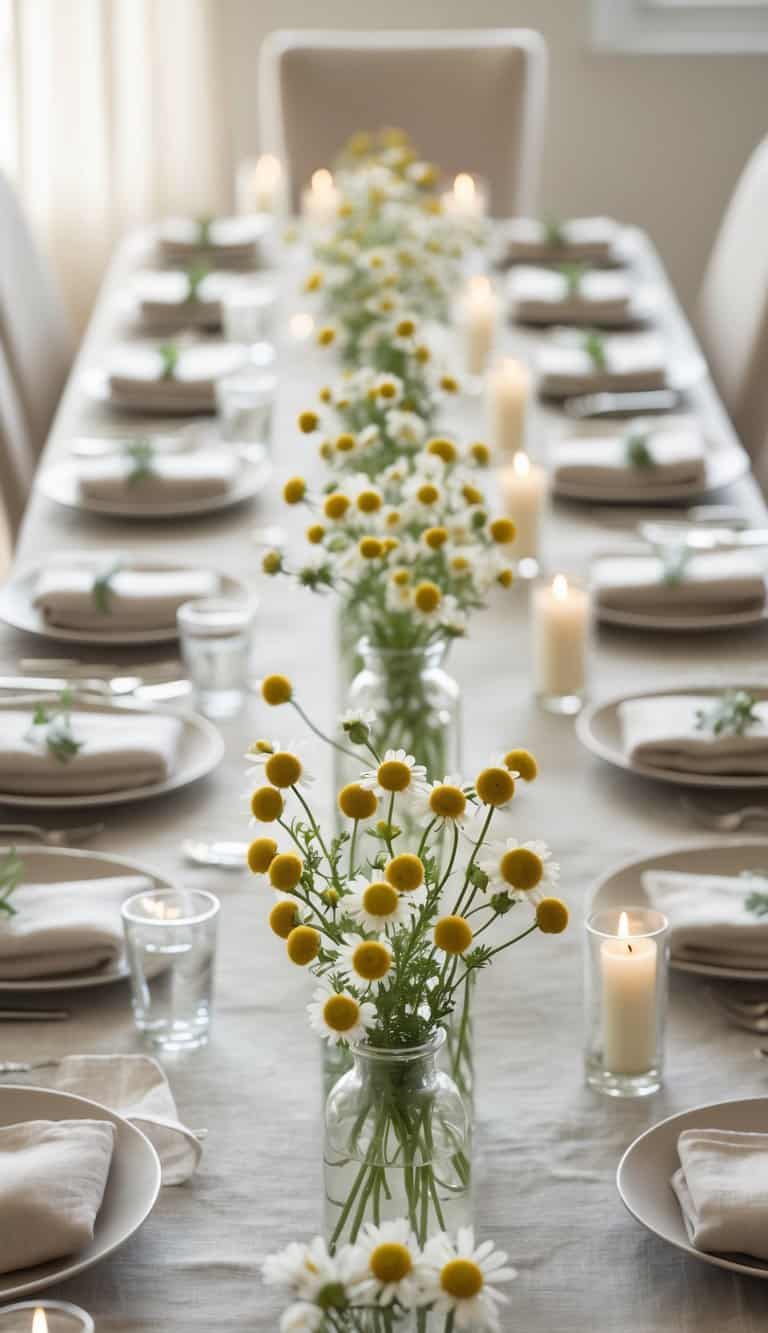 A dining table set with simple dinnerware, neutral linens, small vases of fresh chamomile flowers, and candles, lit by natural daylight.
