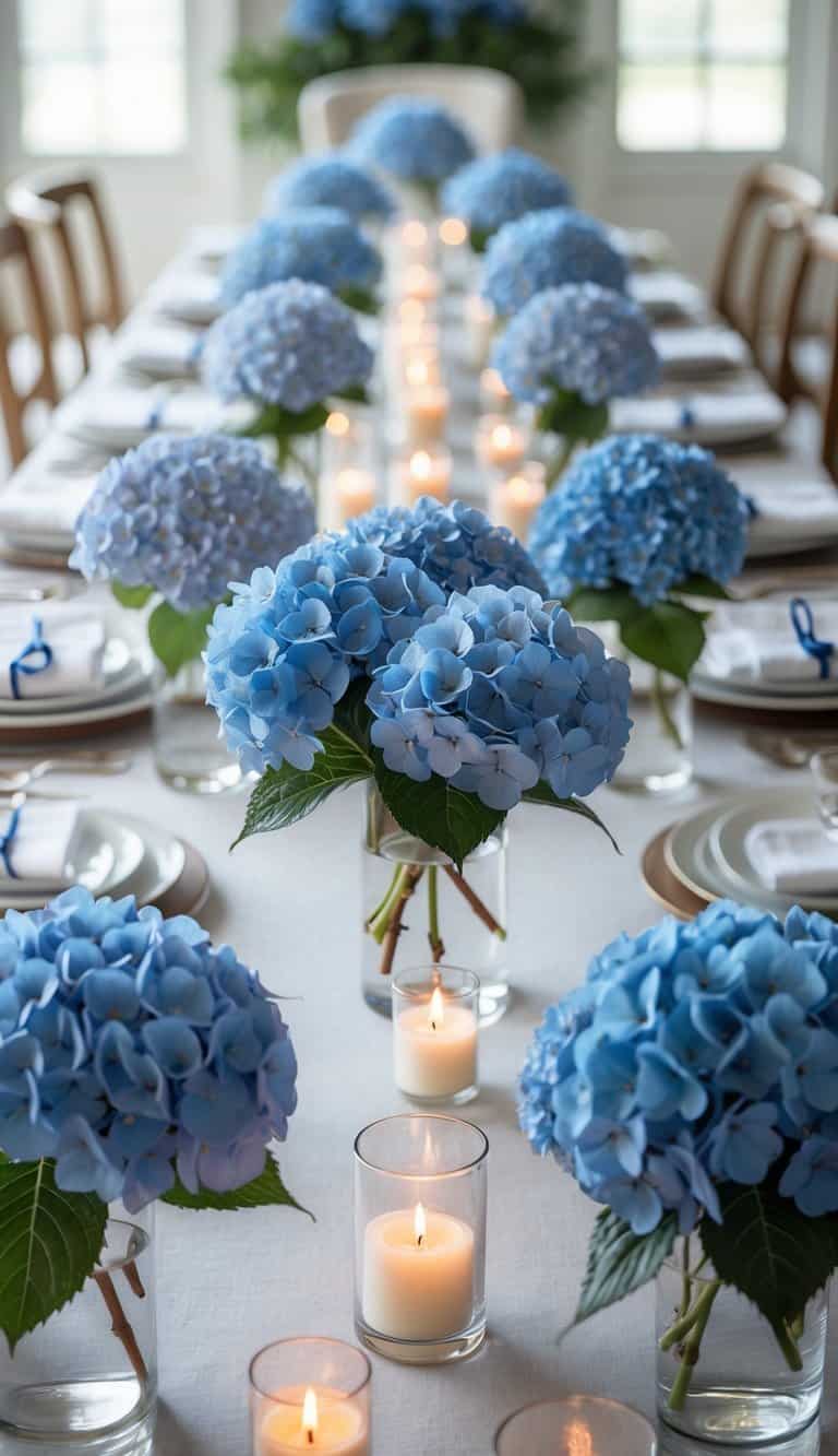 A dining table set with blue hydrangea bud vases, candles, white linens, and dinnerware under natural light.