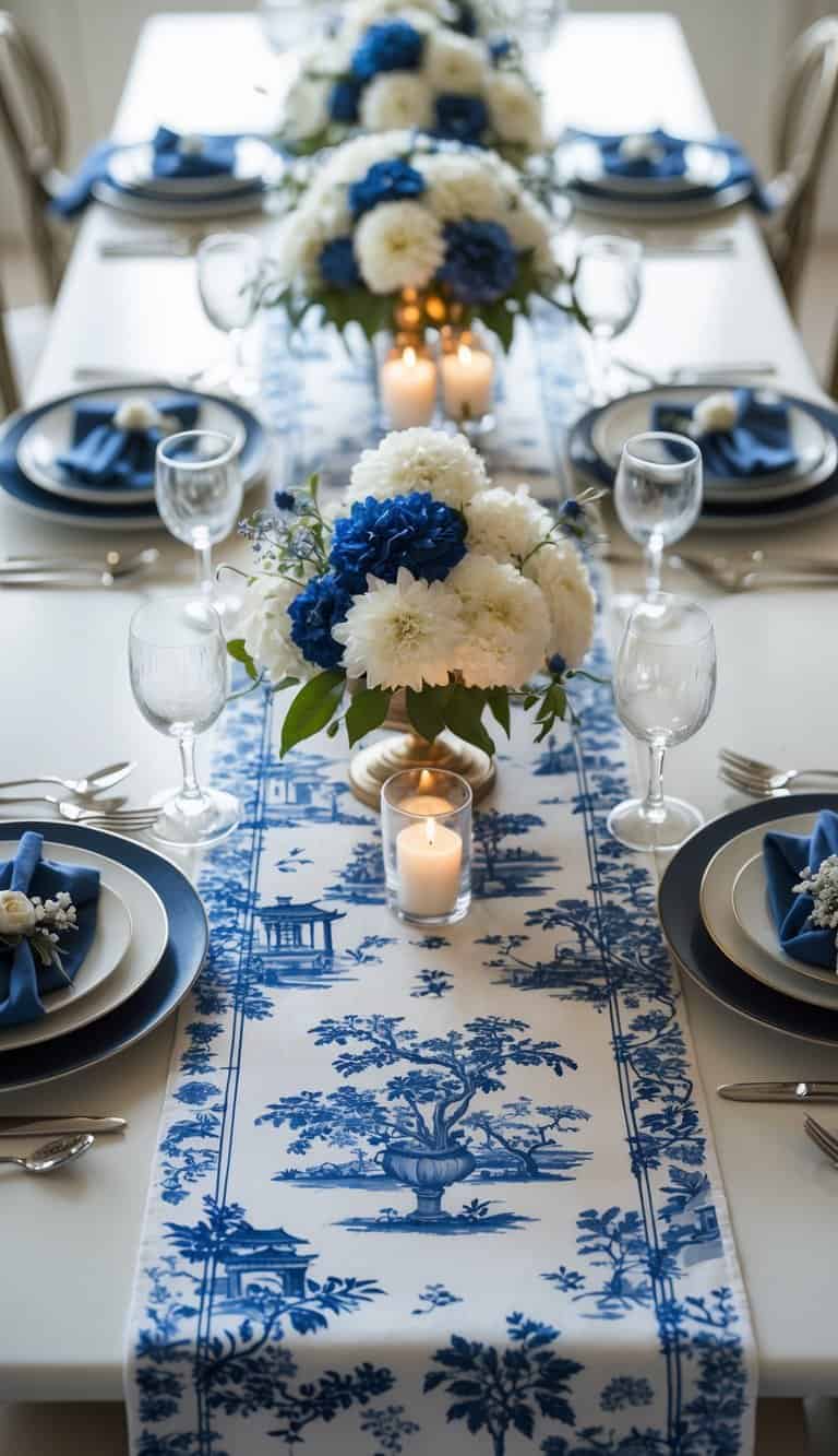 A dining table set with a blue and white patterned runner, plates, glasses, cutlery, floral centerpieces, and lit candles under natural light.