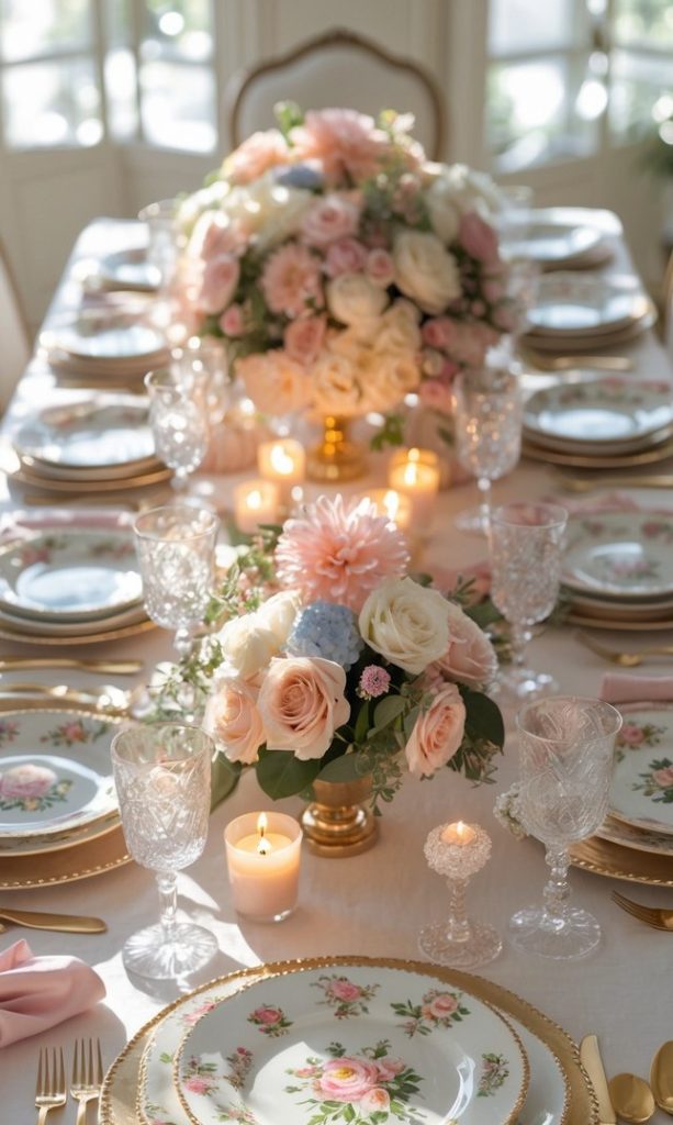 A formal dining table set with floral china, gold flatware, crystal glasses, pink napkins, candles, and pastel flower centerpieces in a bright room.