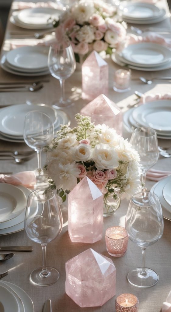 A formal dining table set with white plates, glassware, pink crystal centerpieces, white and pink floral arrangements, and pink napkins.