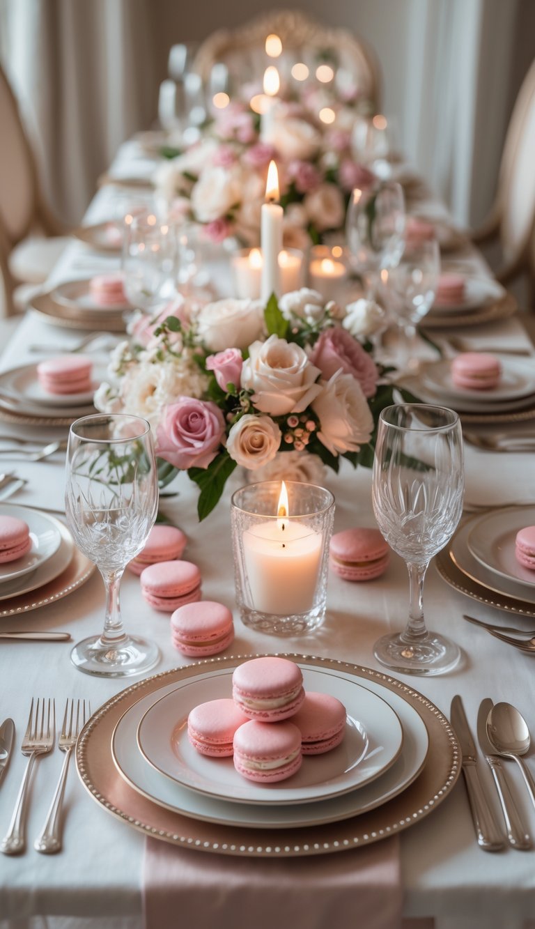A dining table set with plates, glasses, cutlery, pink macarons, floral centerpieces, and candles.