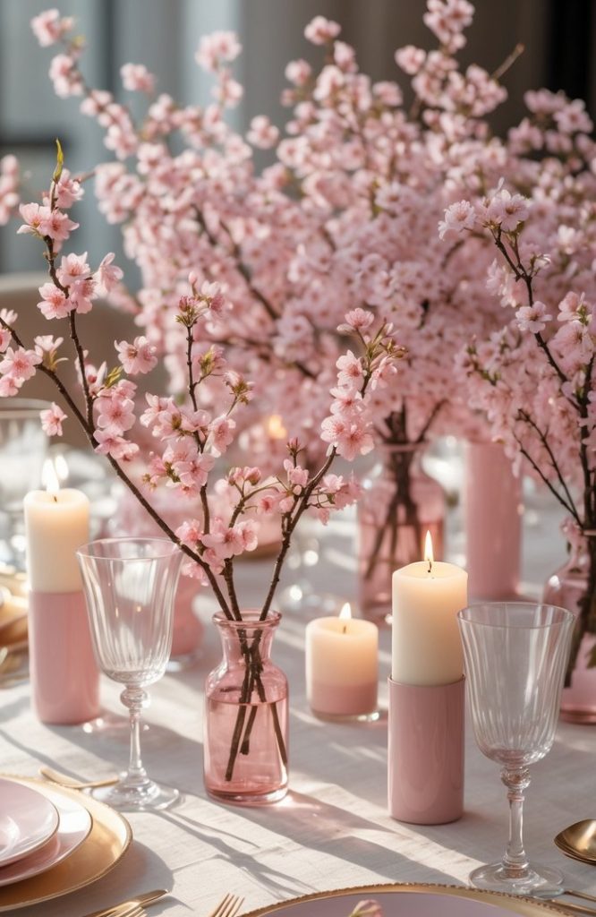 A table set with pink plates, gold cutlery, glassware, and pink vases holding cherry blossom branches, surrounded by lit candles.