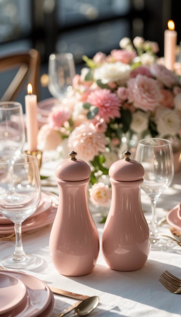 Pink salt and pepper shakers on an elegantly set dining table with pink plates, glassware, gold cutlery, candles, and a floral centerpiece in soft light.