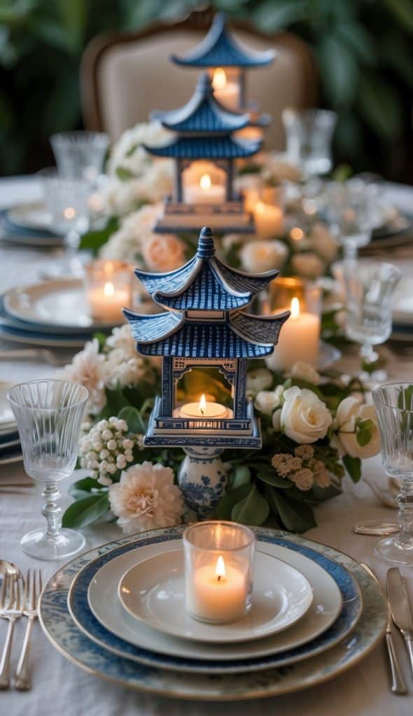 A formal dining table set with blue and white plates, glassware, floral arrangements, candles, and blue pagoda-shaped lantern centerpieces.