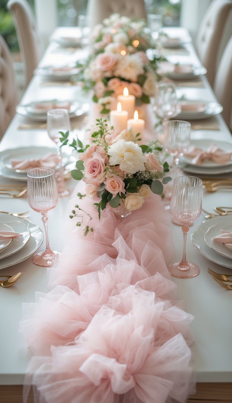 A dining table set with plates, glasses, cutlery, a light pink tulle runner, floral centerpieces, and candles under natural light.