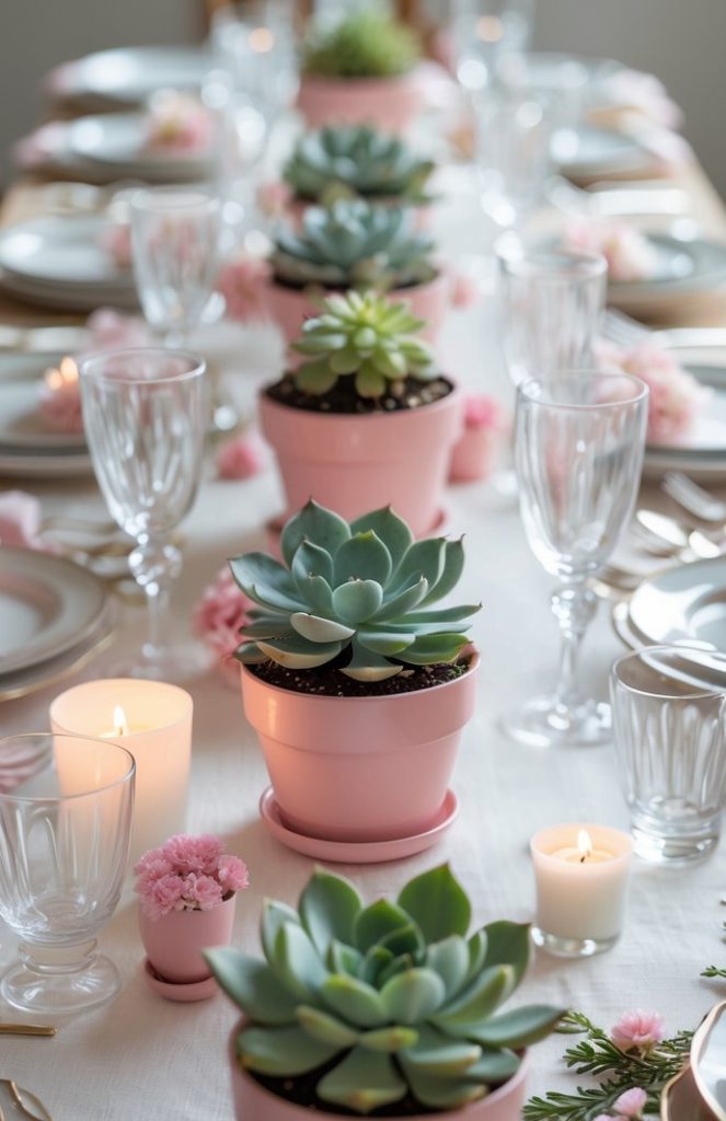 A dining table set with glassware, plates, candles, and pink potted succulents arranged as a centerpiece with small pink flowers scattered around.
