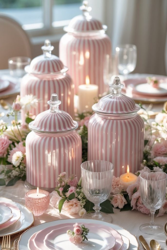 A table set with pink and white striped jars, floral arrangements, candles, glassware, and white plates with gold cutlery and a small flower on each plate.