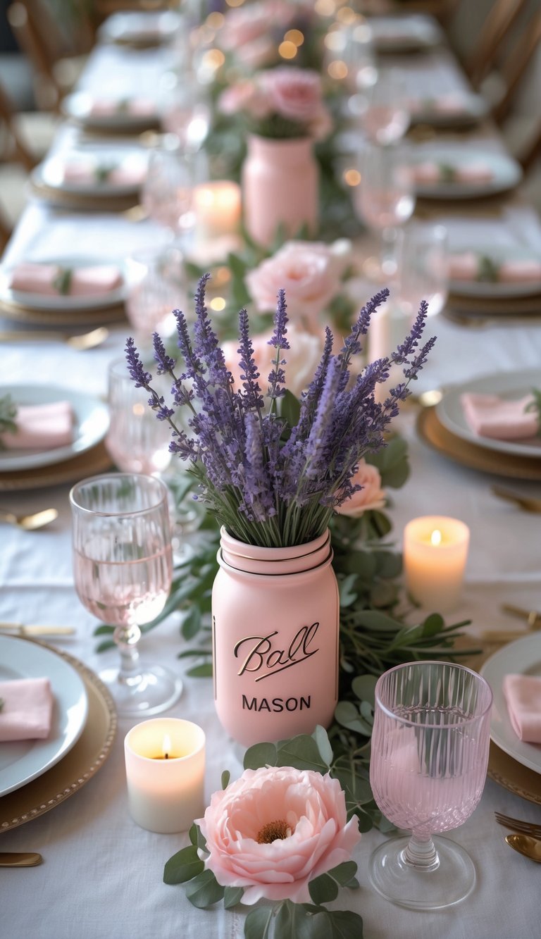 Dining table set with plates, glasses, cutlery, blush pink jars holding lavender, candles, and floral decorations.