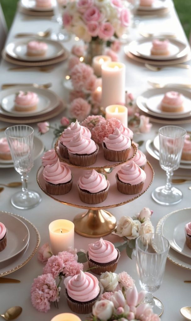 A table set for a celebration with pink frosted cupcakes, candles, glassware, plates, and floral arrangements in soft pink and white tones.