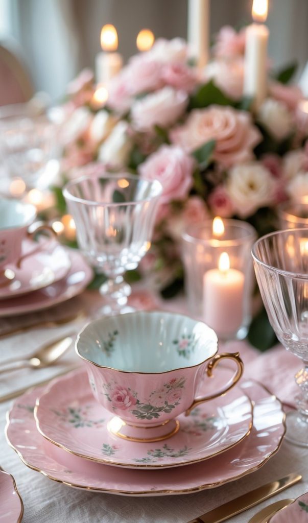 A formal table setting with pink floral china, crystal glasses, gold cutlery, pink napkins, lit candles, and a centerpiece of pink and white roses.