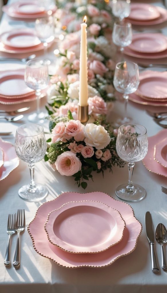 A formal dining table set with pink plates, crystal glasses, silver cutlery, floral centerpieces, and lit candles on a white tablecloth.