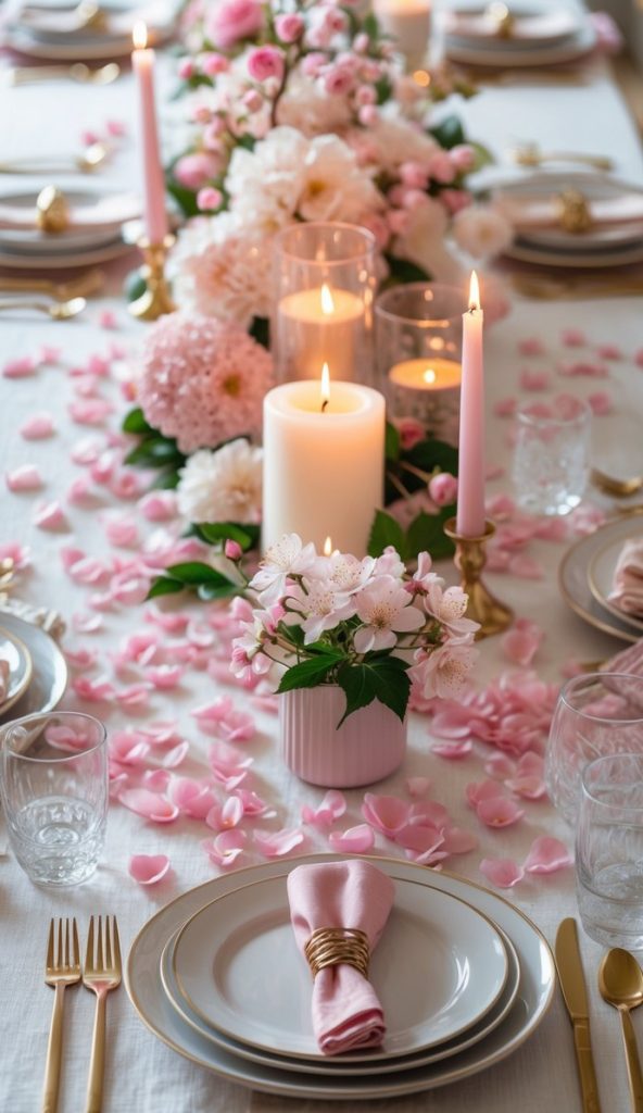 A table set for a meal with white plates, gold cutlery, pink napkins, candles, and pink flower arrangements on a white tablecloth with pink petals scattered.