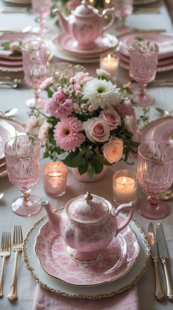A formal table setting with pink floral china, matching glassware, floral centerpieces, and lit candles, arranged on a white tablecloth.