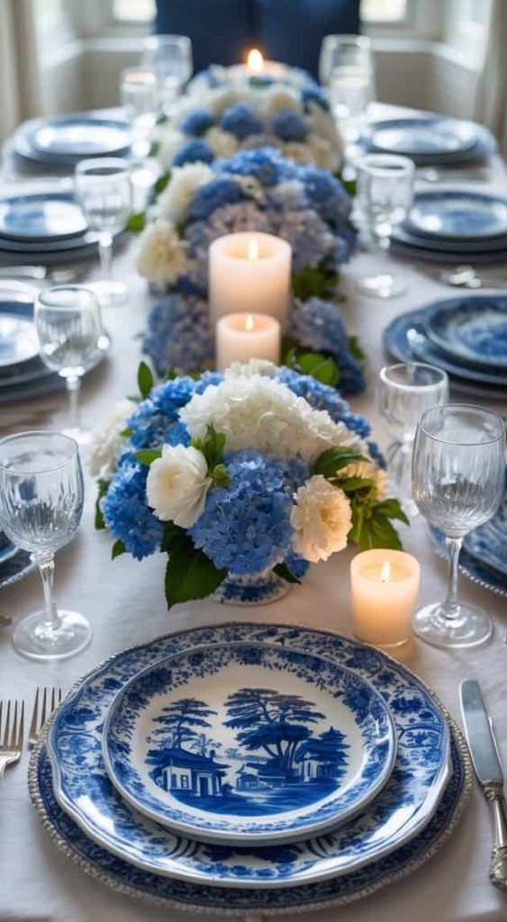 A formal dining table set with blue and white china, glassware, silverware, candles, and floral centerpieces featuring blue and white flowers.