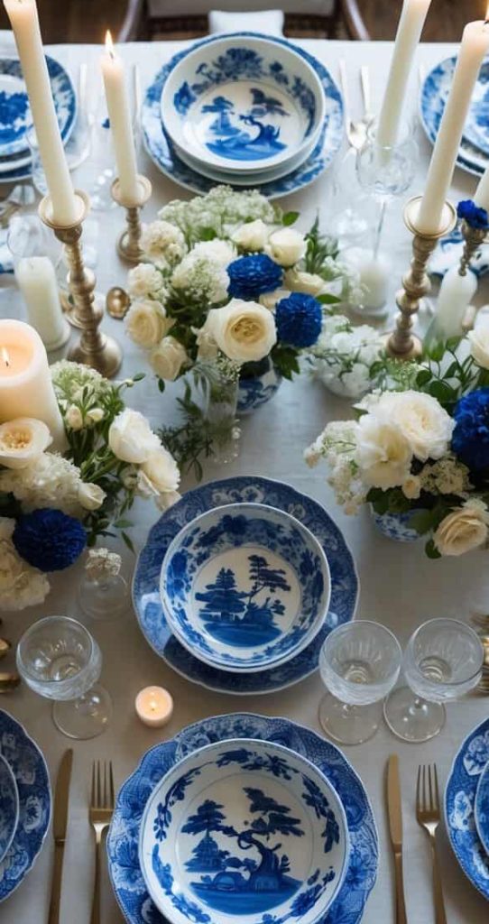 A formal dining table set with blue and white china, gold cutlery, lit candles, and floral centerpieces featuring white and blue flowers.