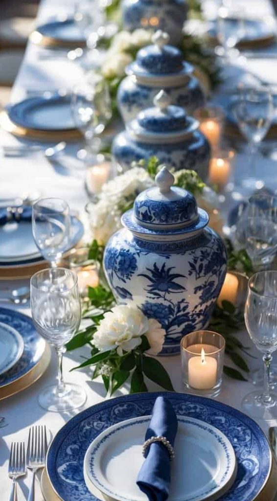 A formal dining table set with blue and white china, blue napkins, glassware, silver cutlery, floral arrangements, candles, and large decorative jars.