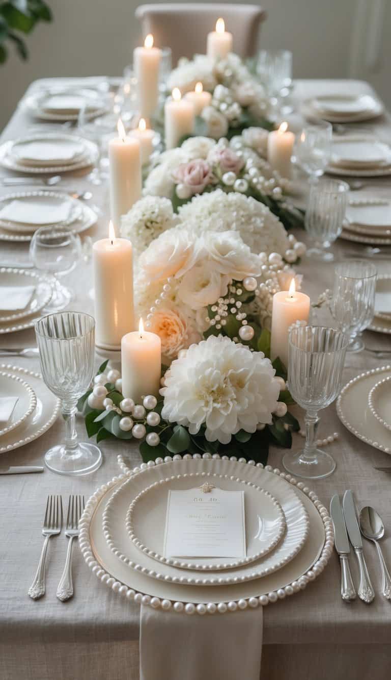 A dining table set with pearl-accented dinnerware, silver flatware, floral centerpieces, and candles, all arranged neatly on a linen tablecloth under natural light.
