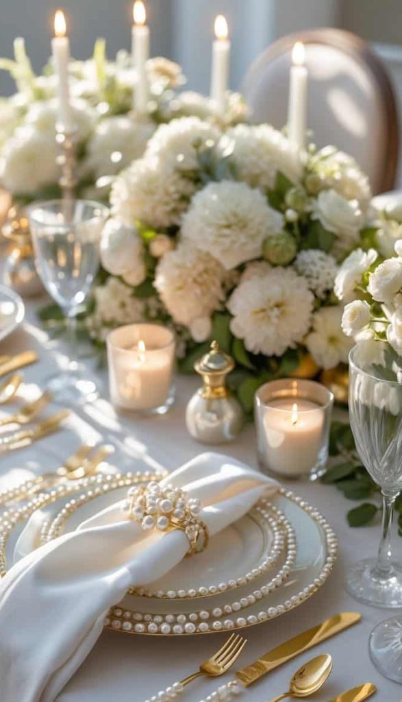 Elegant table setting with white flowers, gold cutlery, pearl napkin rings, white plates, and lit candles on a white tablecloth.