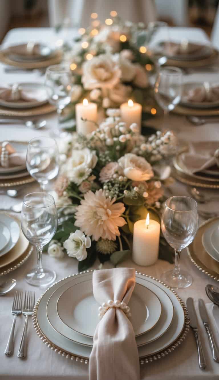 A dining table set with plates, glasses, cutlery, pearl napkin rings, floral centerpieces, and lit candles.