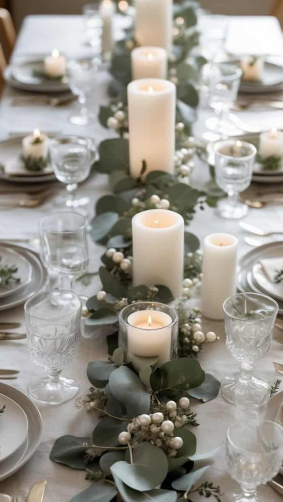 A dining table is set with white plates and glassware, decorated with white candles and green foliage arranged along the center.