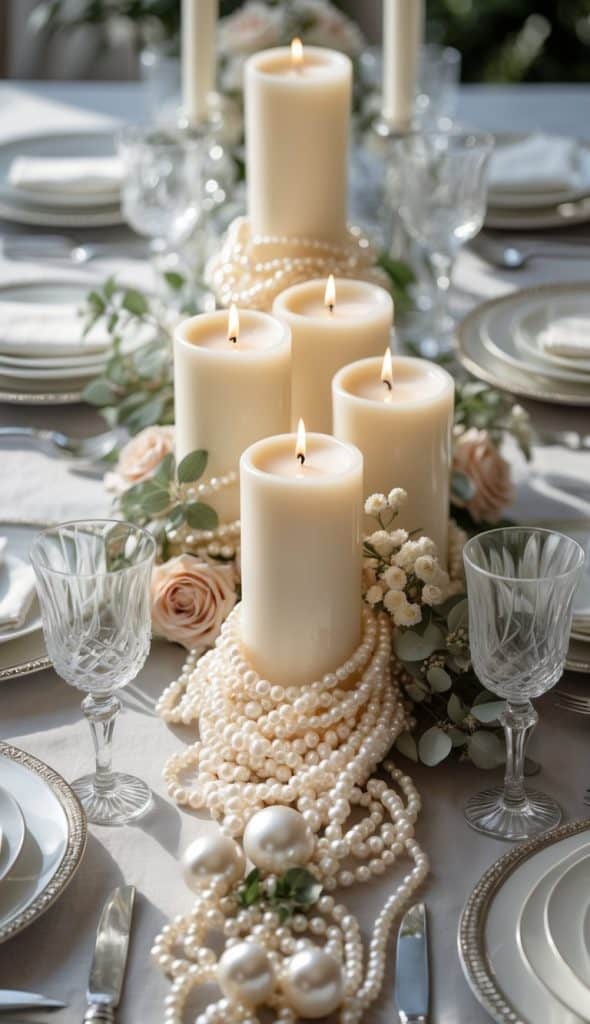 A formal table setting with white candles, pearl strands, glassware, white plates, and floral accents arranged for an elegant event or dinner.