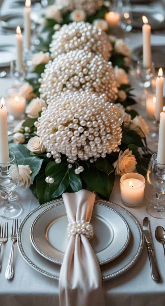 Elegant dining table set with white plates, silver cutlery, lit candles, and pearl-decorated floral centerpieces, arranged for a formal event or celebration.