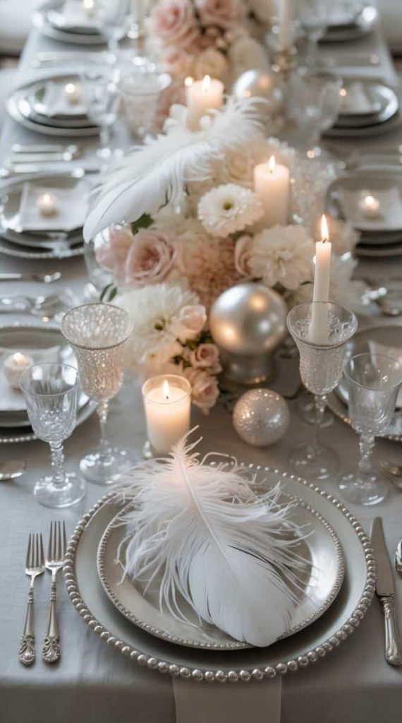 A formal dining table is set with white plates, crystal glasses, silverware, candles, white feathers, and pastel floral arrangements for an elegant event.