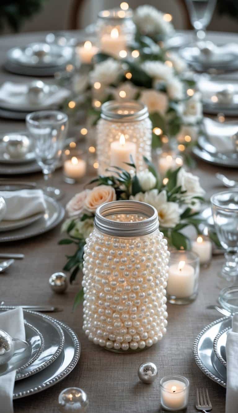 A dining table set with mason jars wrapped in pearl beads, silver-toned dinnerware, candles, and floral centerpieces under natural light.